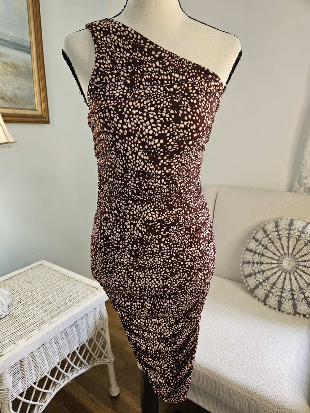 One-Shoulder Brown & Cream Printed Ruched Bodycon Dress P47